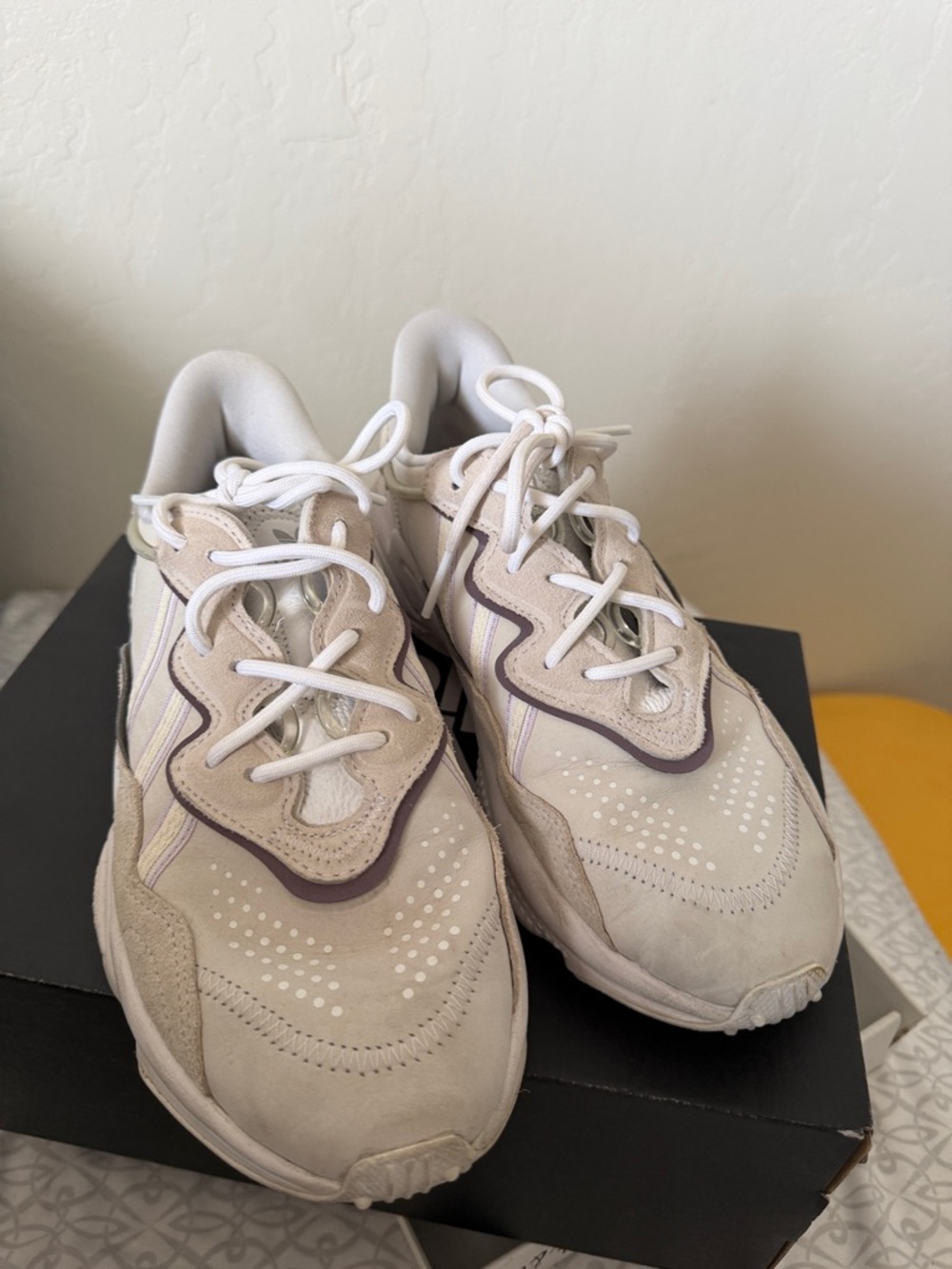 adidas Women's Athletic Sneakers in White and Light Beige with Lavender Trim
